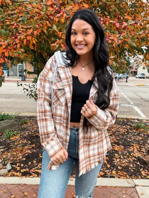 GET IT GIRL HOODED FLANNEL-CAMEL MIX