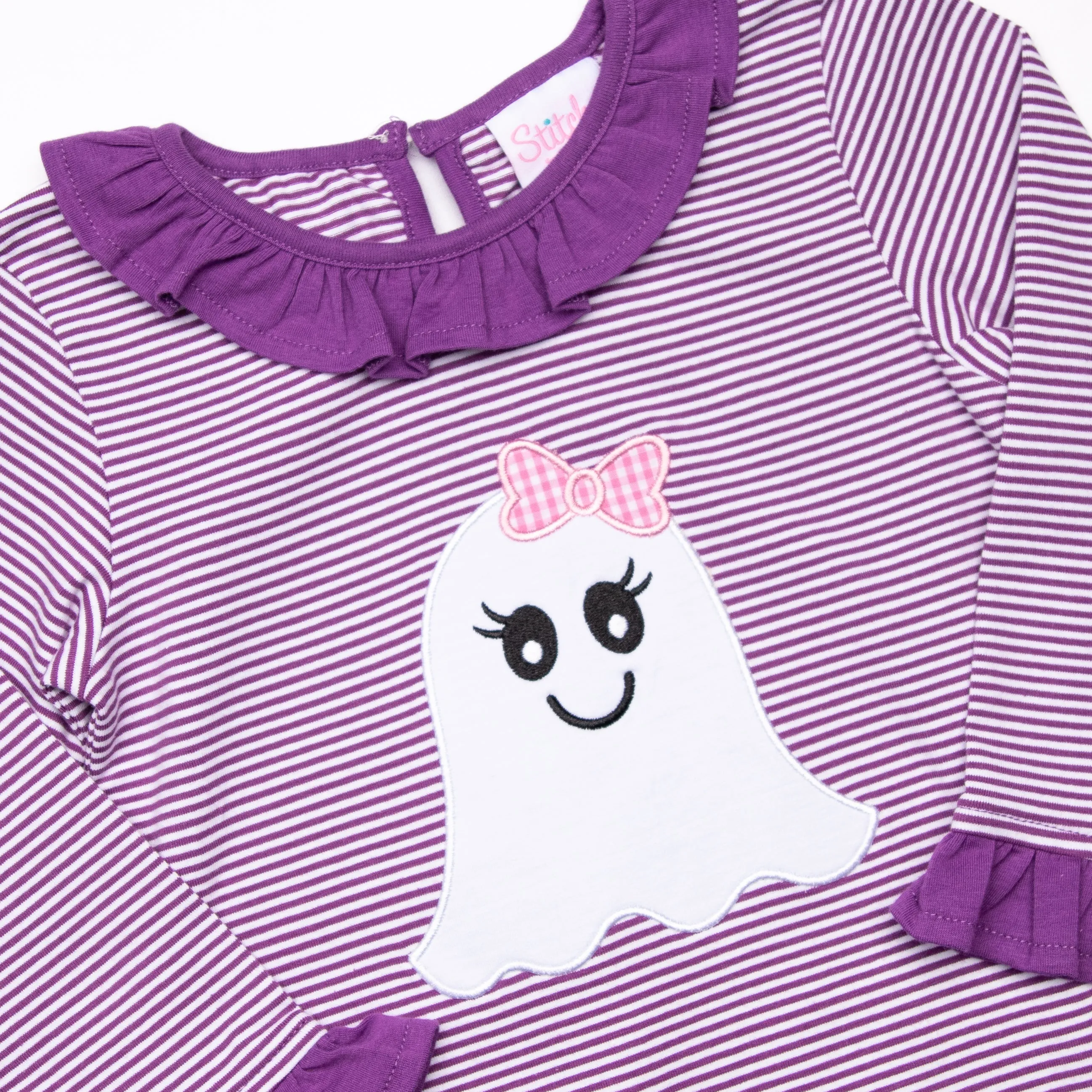 Ghoul Friend Applique Ruffle Romper, Purple