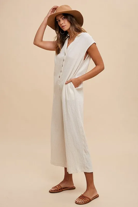 Gina Wide Leg Jumpsuit with Pockets - Cream, Button Detail, Flowy Fit