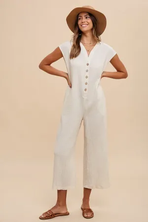 Gina Wide Leg Jumpsuit with Pockets - Cream, Button Detail, Flowy Fit