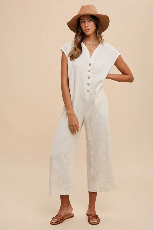 Gina Wide Leg Jumpsuit with Pockets - Cream, Button Detail, Flowy Fit