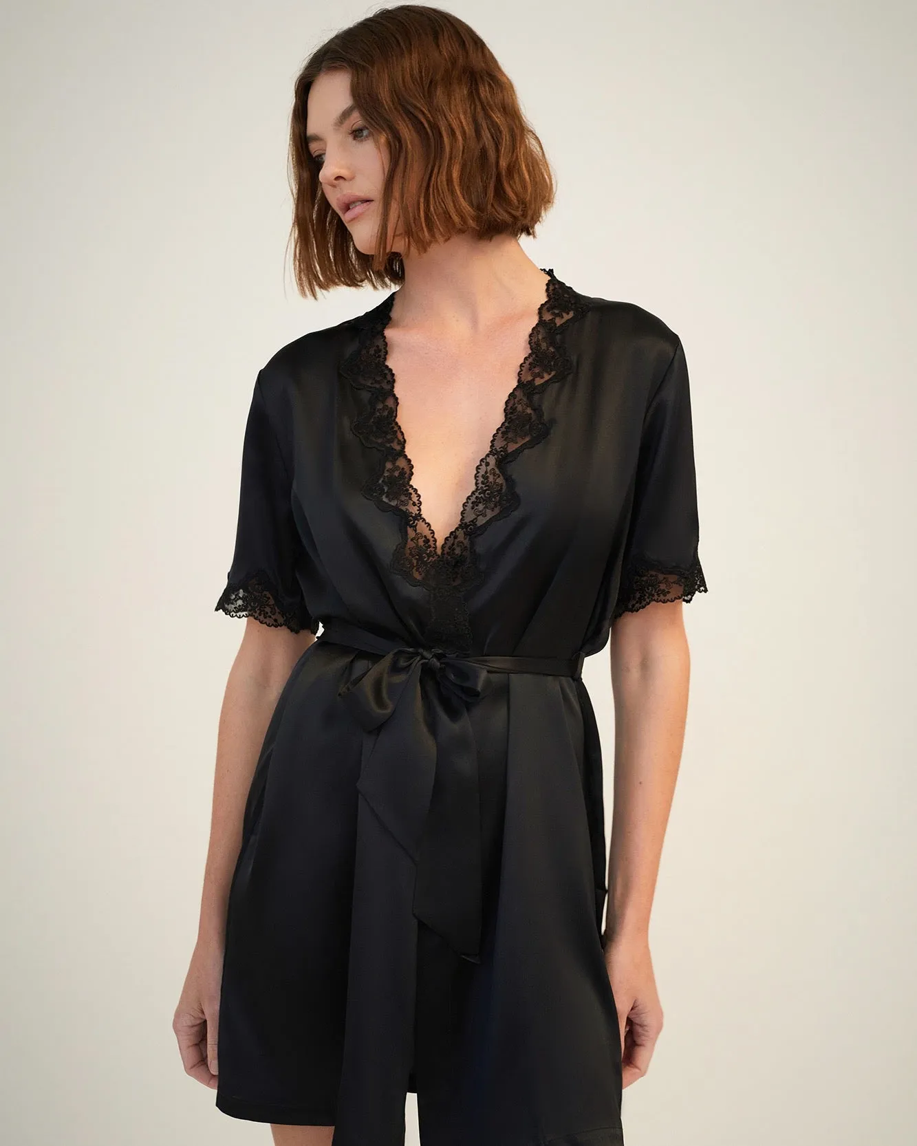 Ginia - Silk Robe With Lace Trim - Black