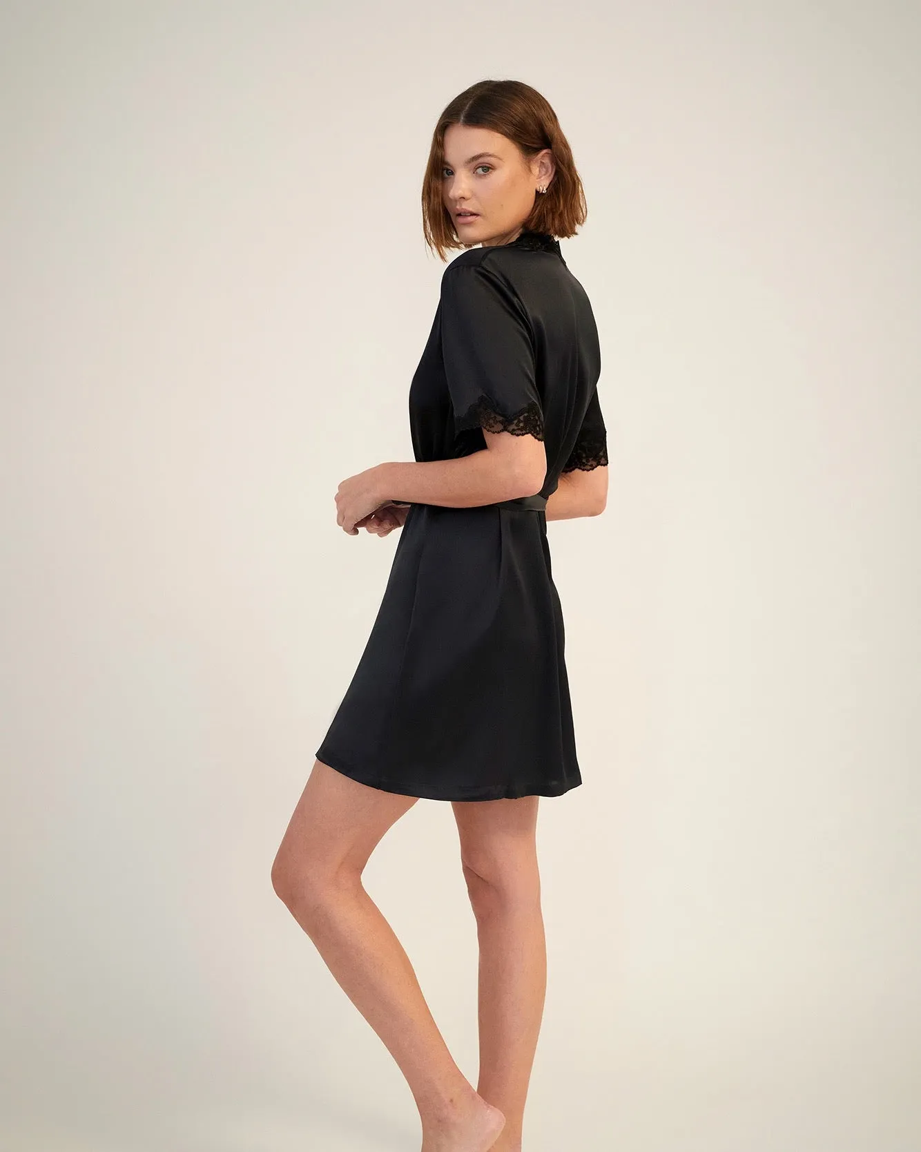 Ginia - Silk Robe With Lace Trim - Black