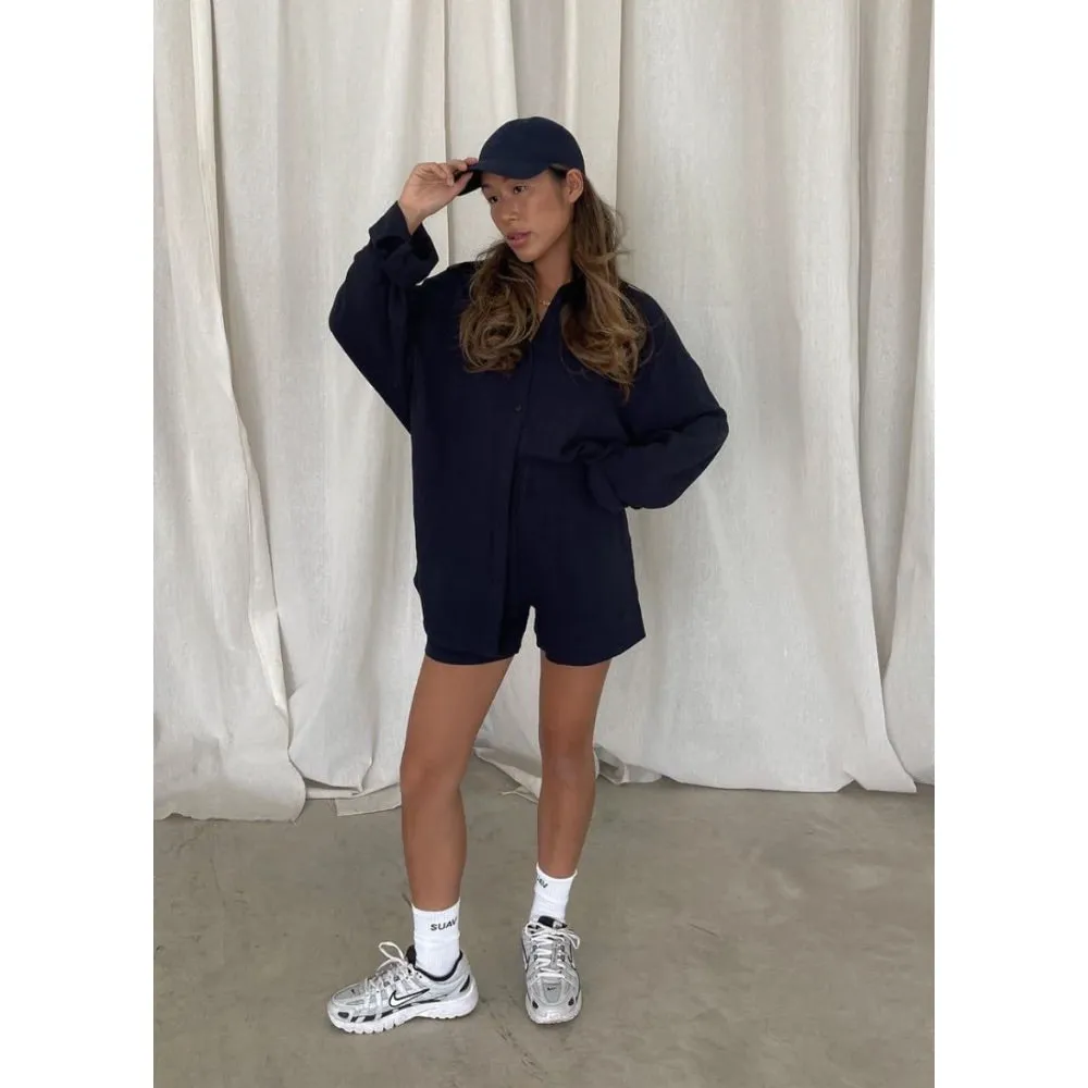 GIRL CRUSH LINEN BUTTON UP SHIRT MIDNIGHT BLUE
