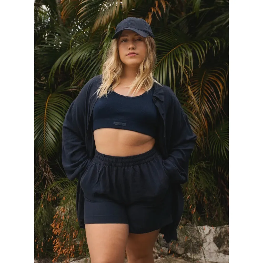 GIRL CRUSH LINEN BUTTON UP SHIRT MIDNIGHT BLUE