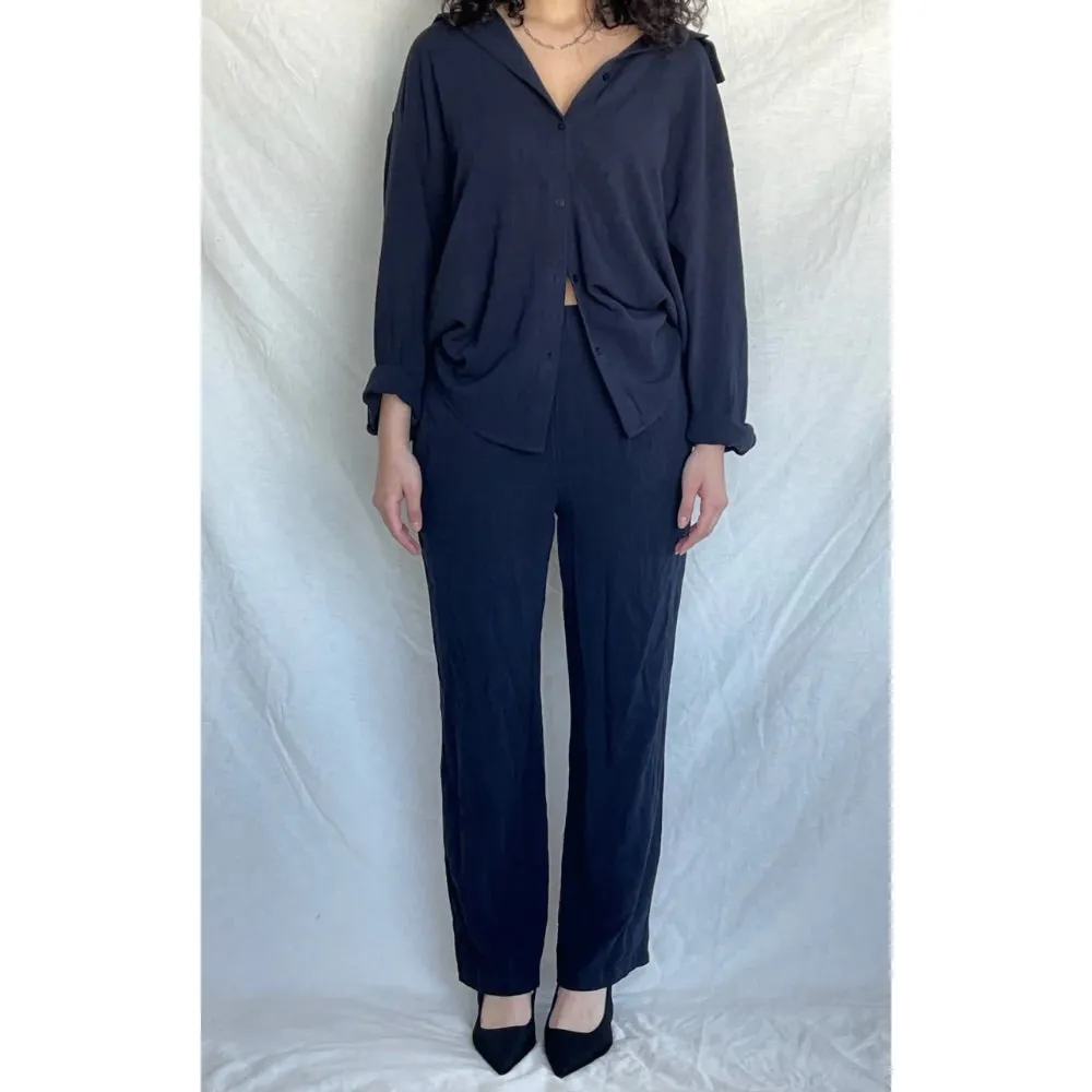 GIRL CRUSH LINEN BUTTON UP SHIRT MIDNIGHT BLUE