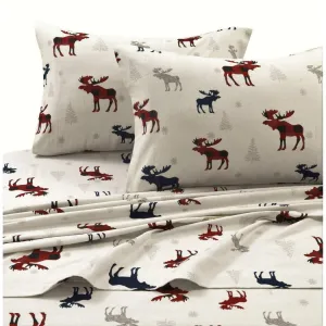 Girls Plaid Moose Off White Red Blue Sheet Queen Set Multi Color
