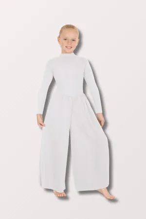 Girls Simplicity Polyester Long Sleeve Wide Leg High Neck Praise Jumpsuit - White