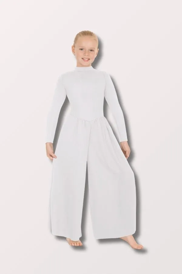 Girls Simplicity Polyester Long Sleeve Wide Leg High Neck Praise Jumpsuit - White