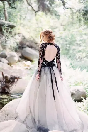 Gorgeous Black Lace A-line V-neck Long Sleeves Wedding Dresses, MW559