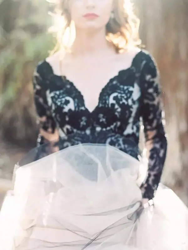 Gorgeous Black Lace A-line V-neck Long Sleeves Wedding Dresses, MW559