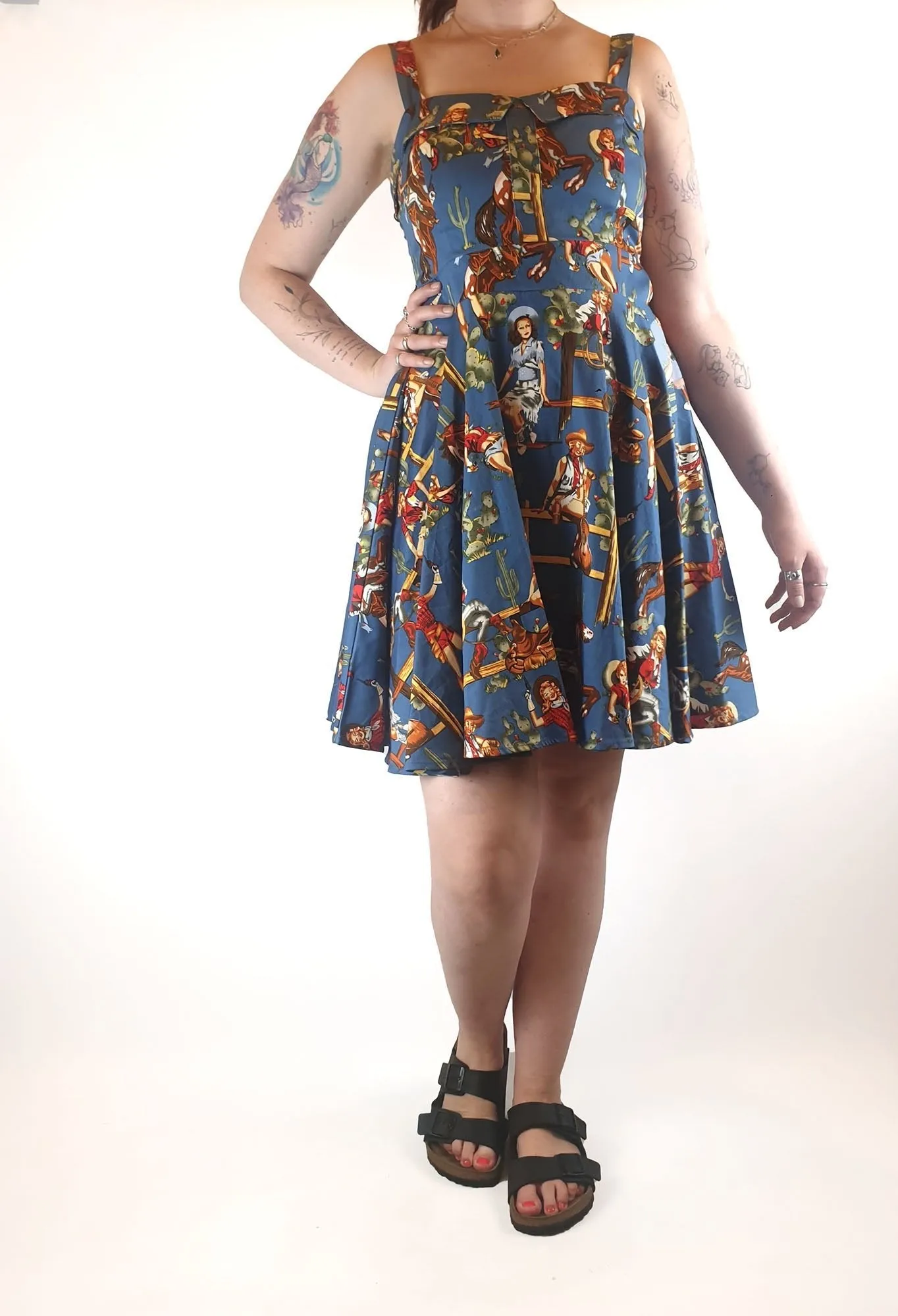 Grace Karin blue vintage cowgirl print dress size XL (tiny fit, best fits 12)