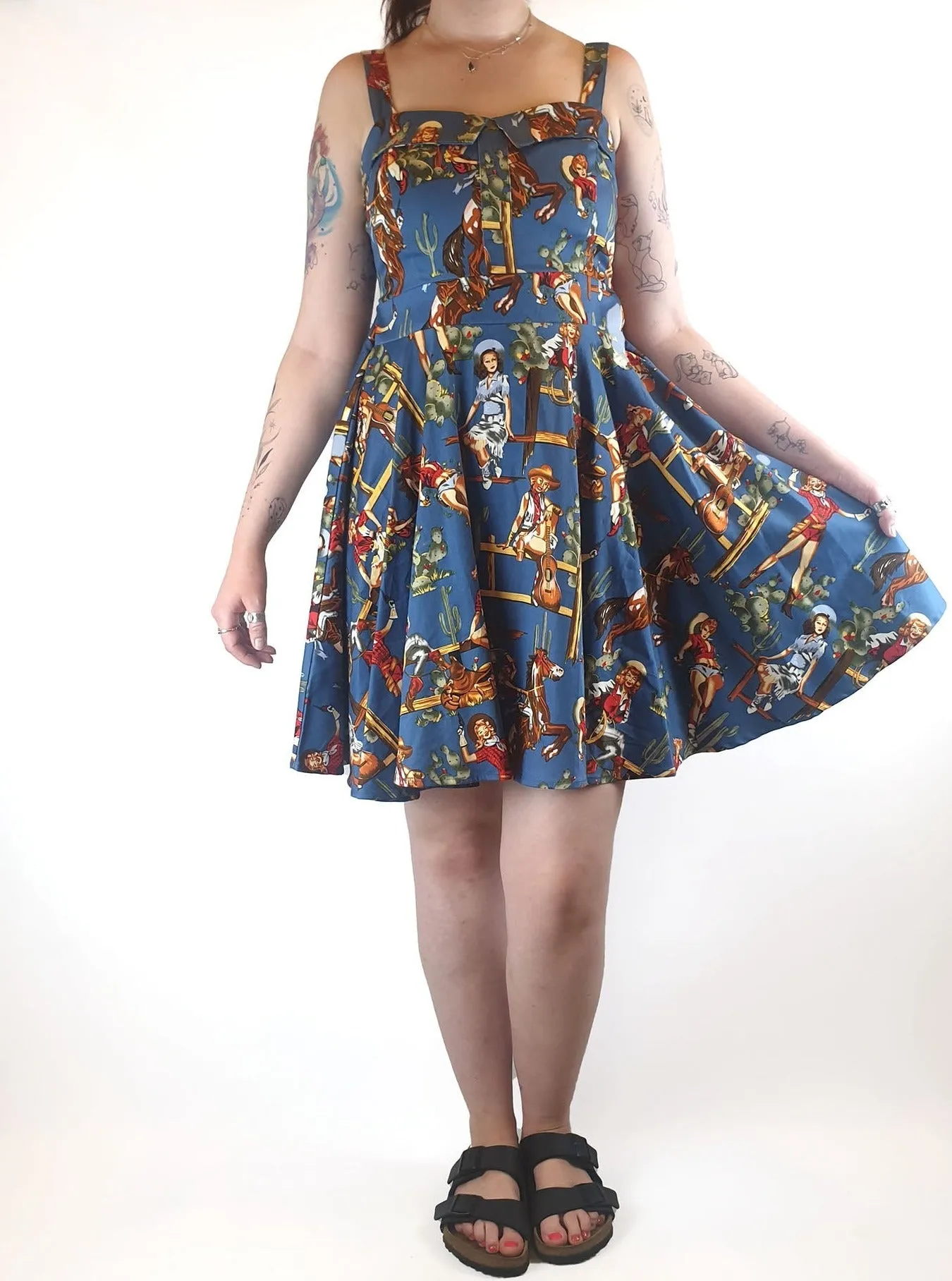 Grace Karin blue vintage cowgirl print dress size XL (tiny fit, best fits 12)