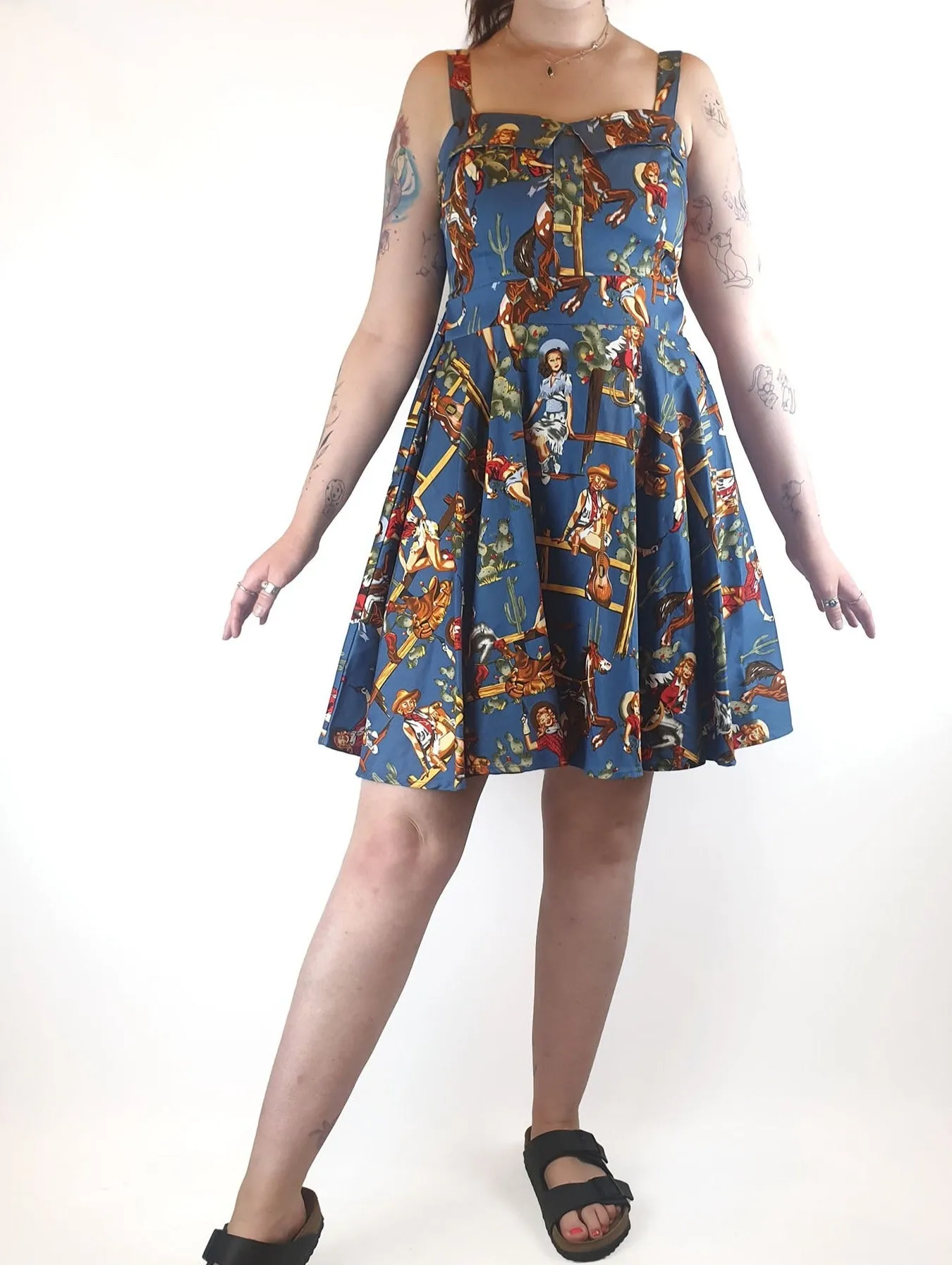 Grace Karin blue vintage cowgirl print dress size XL (tiny fit, best fits 12)