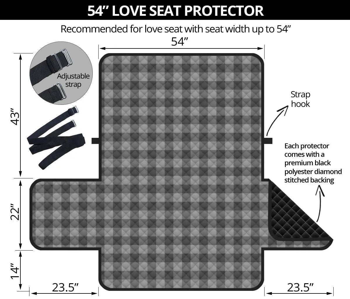 Gray Buffalo Plaid Loveseat Cover Sofa Couch Protector 54" Seat Width