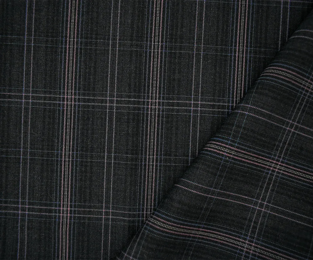 Gray-Purple-Multi Wool-Poly Plaid Woven Shirting Fabric