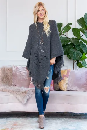 GRAY SOFT KNIT FRINGE PONCHO
