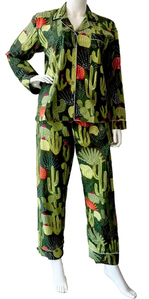 Green 100% Pure Cotton Cambric Women's Pajamas with Cactus Print