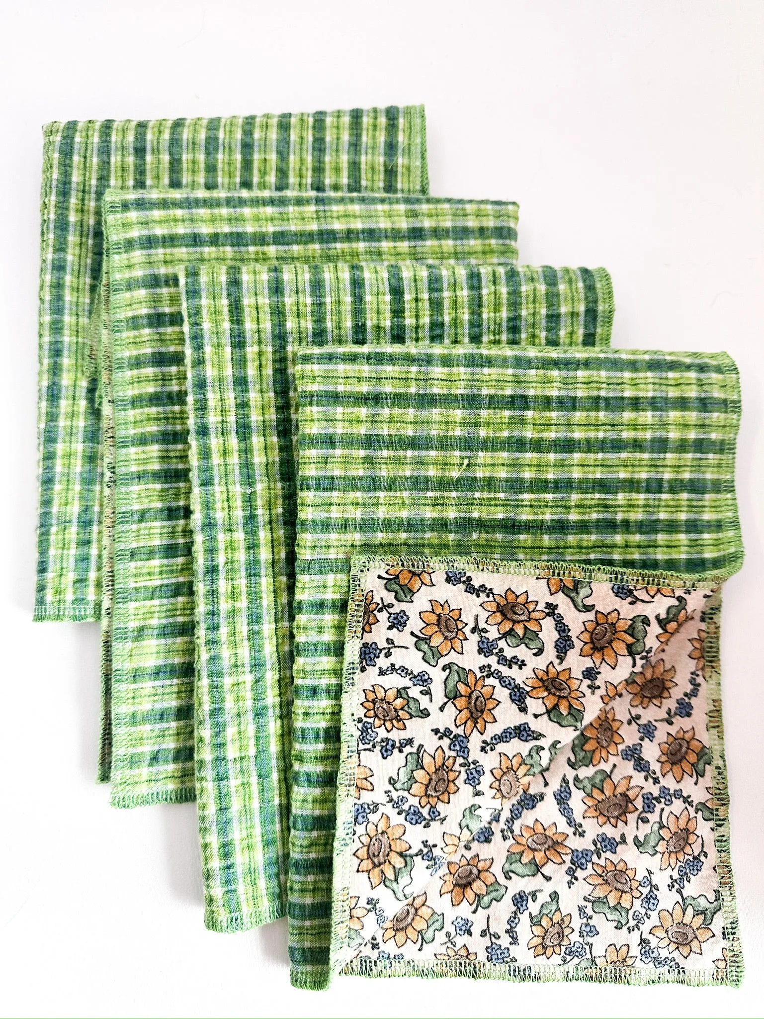 Green Plaid and Vintage Inspired Sunflower Reversible Napkins