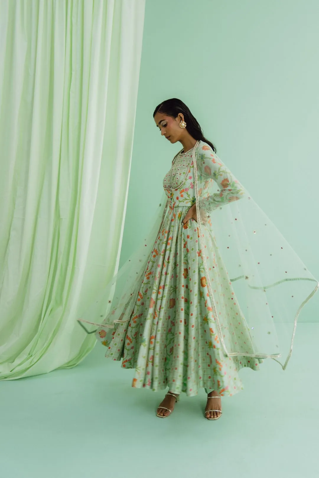 Green Printed Anarkali Set