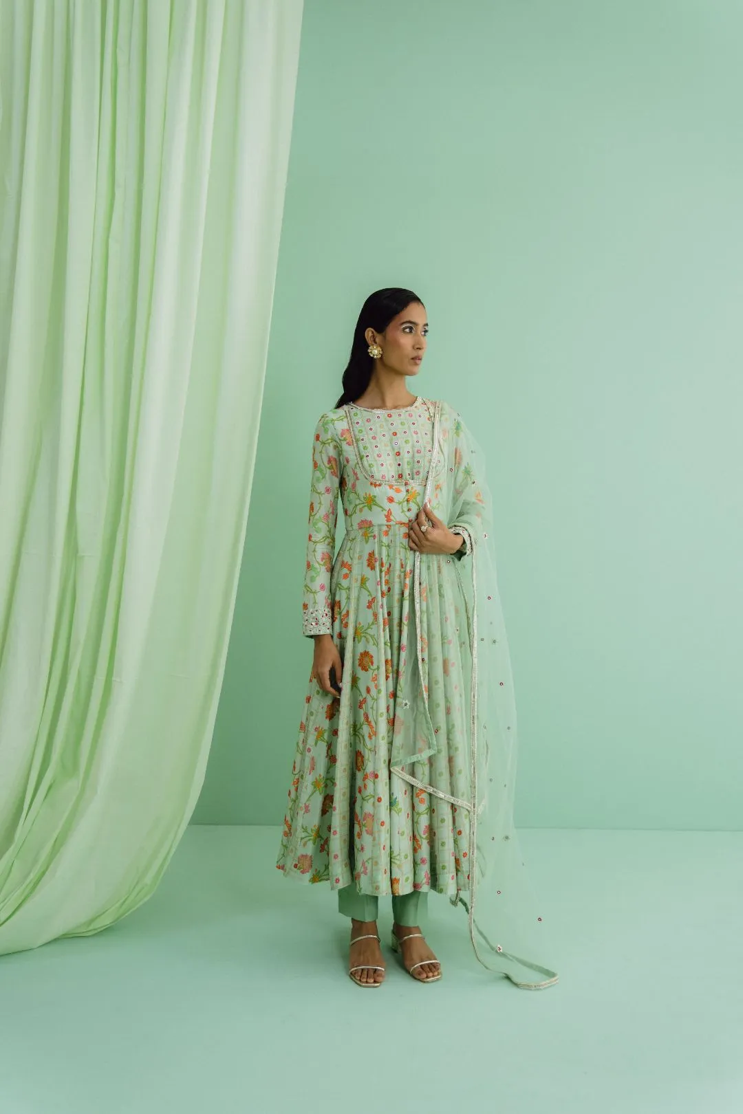 Green Printed Anarkali Set