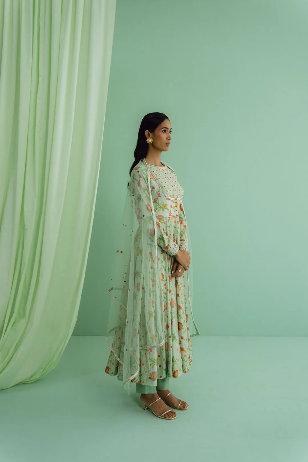 Green Printed Anarkali Set
