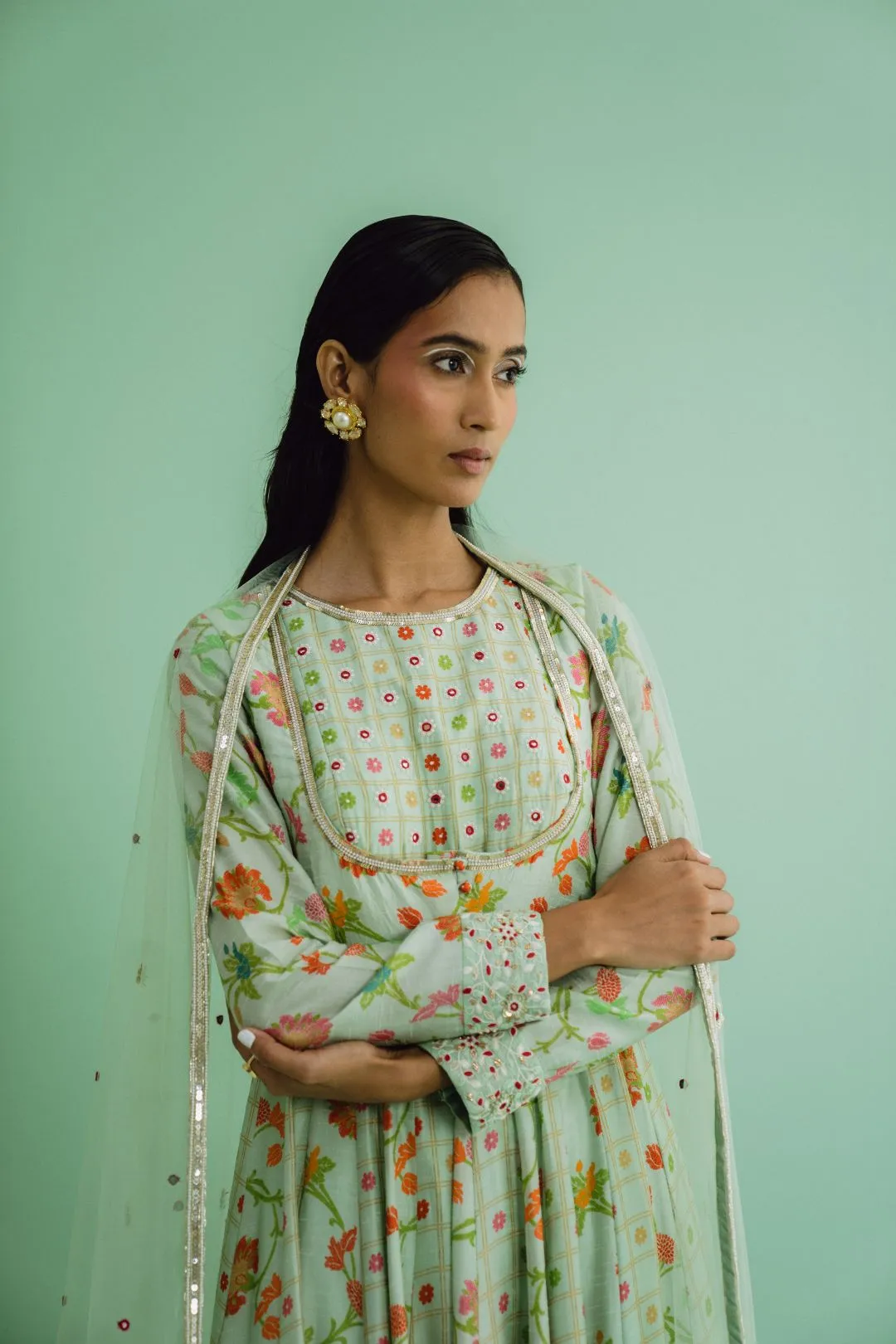 Green Printed Anarkali Set