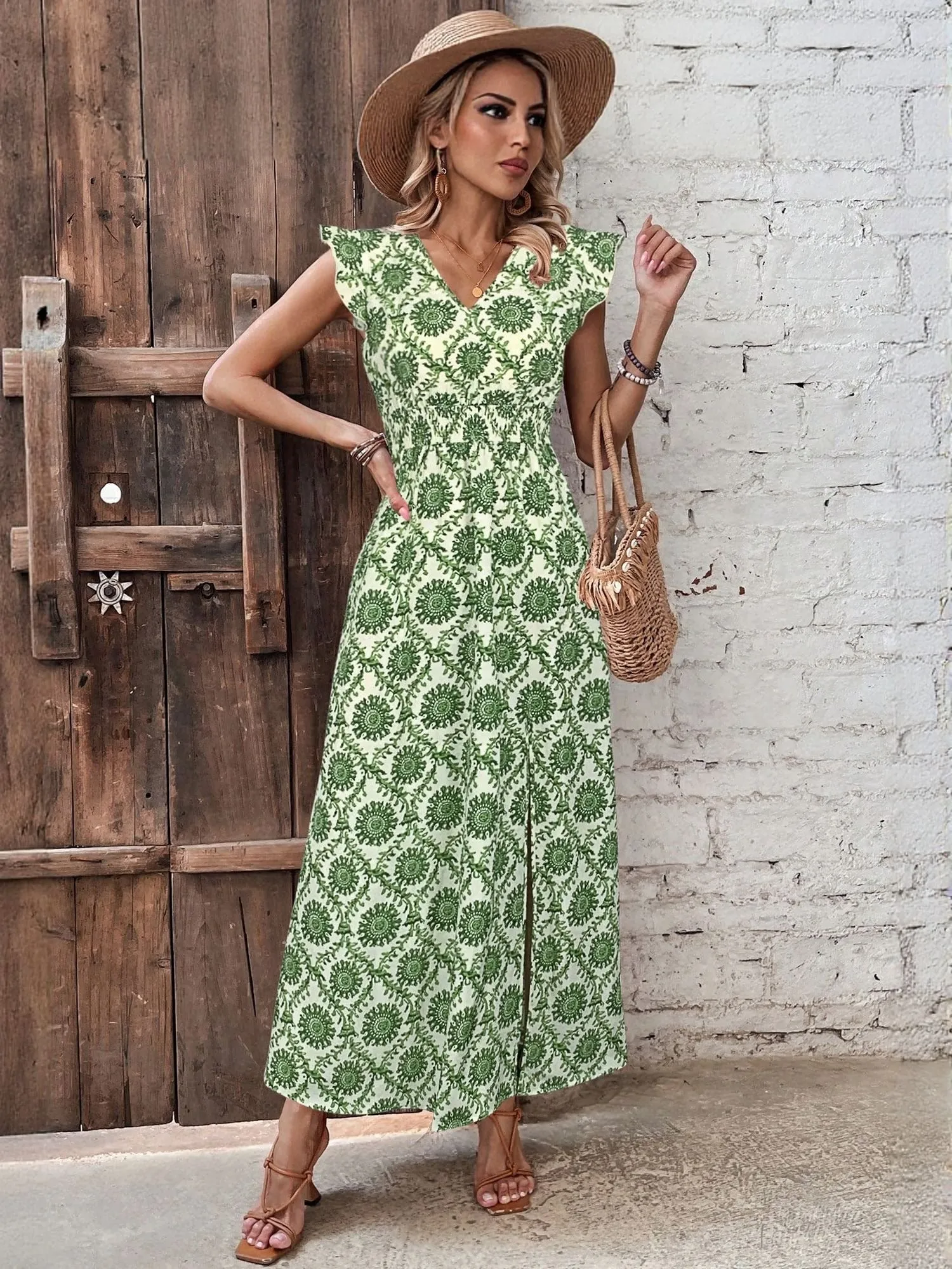 Green Printed Maxi Dress With Slit