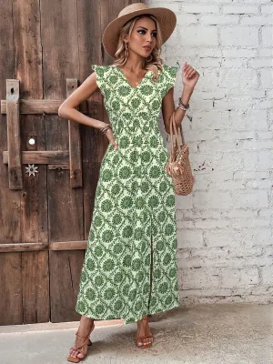 Green Printed Maxi Dress With Slit