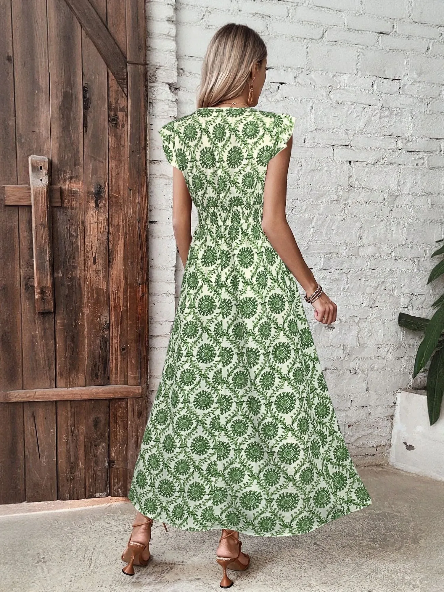 Green Printed Maxi Dress With Slit