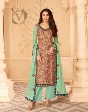 Green Printed Tussar Silk Pant Salwar Suit