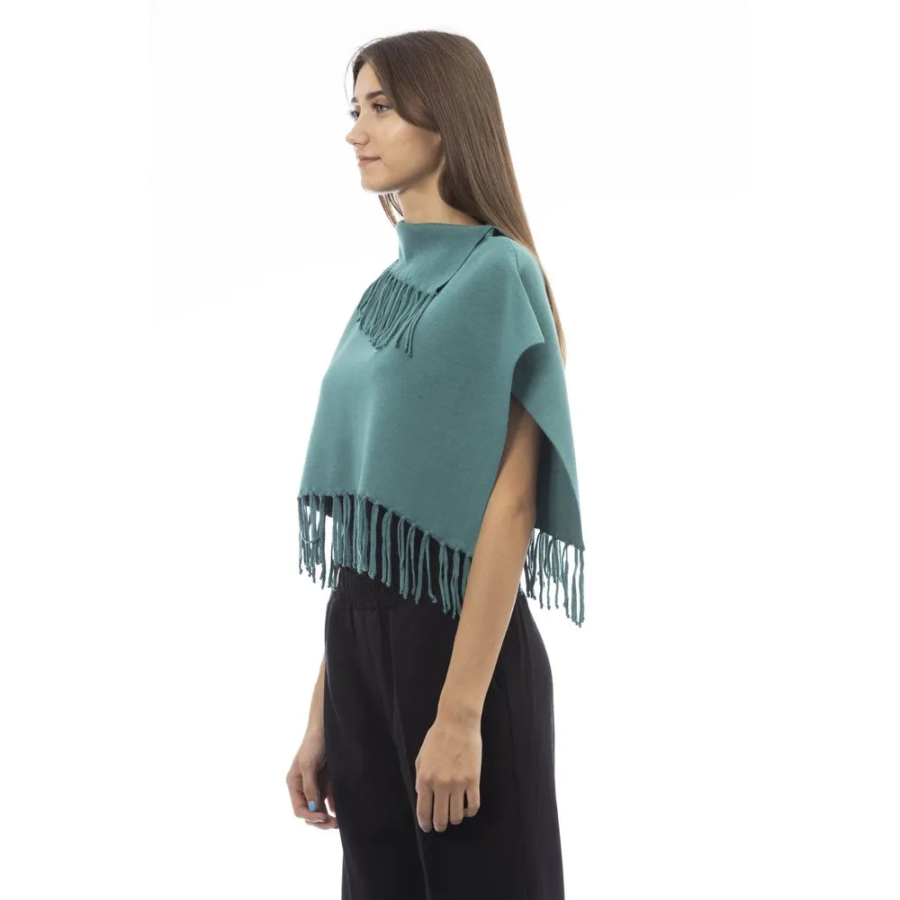 Green Wool Women Poncho with Fringes