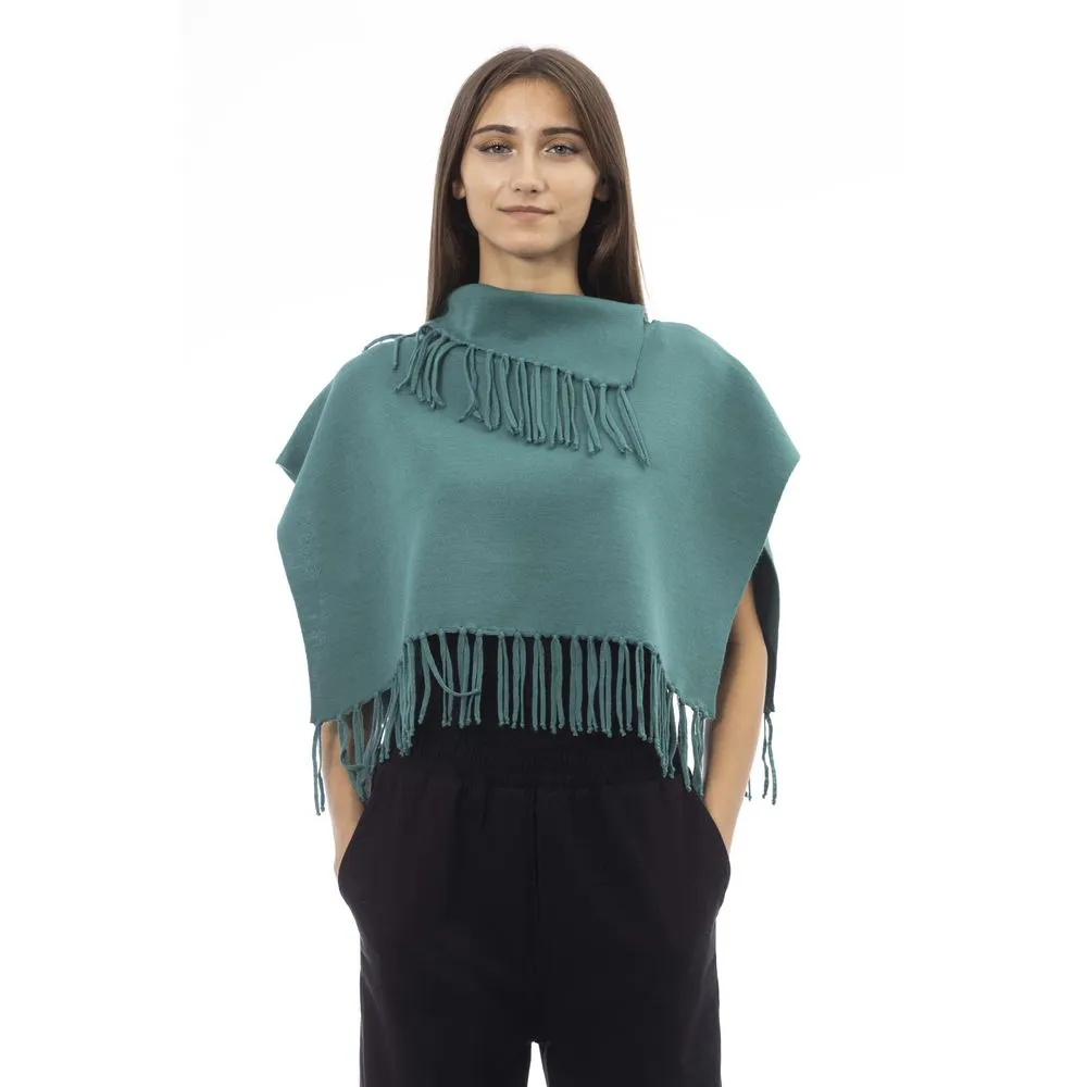 Green Wool Women Poncho with Fringes