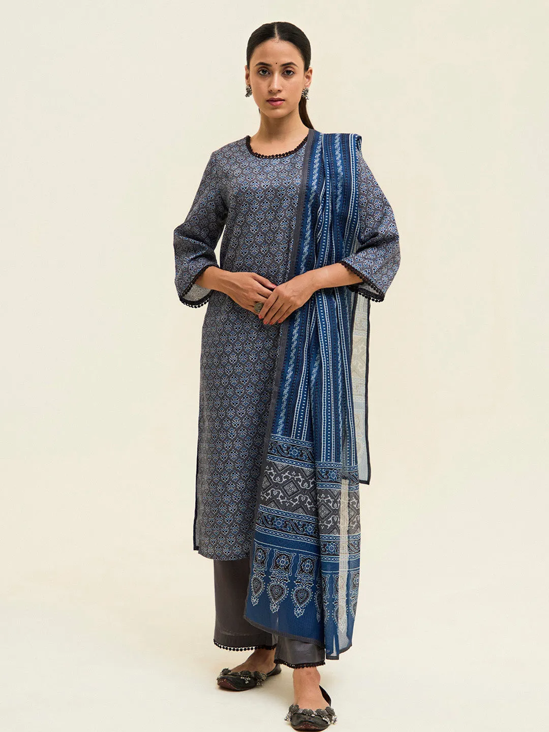 Grey Digital Printed Cotton Suit Set