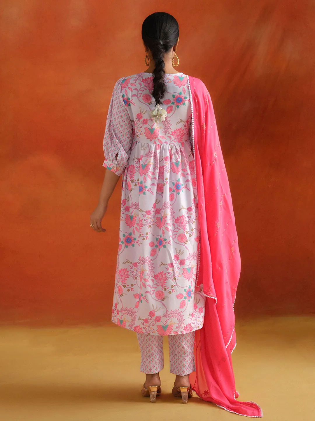Grey Floral Printed Embroidered Kurta Set With Dupatta