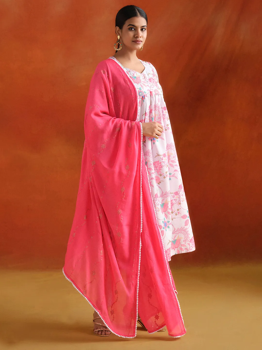 Grey Floral Printed Embroidered Kurta Set With Dupatta