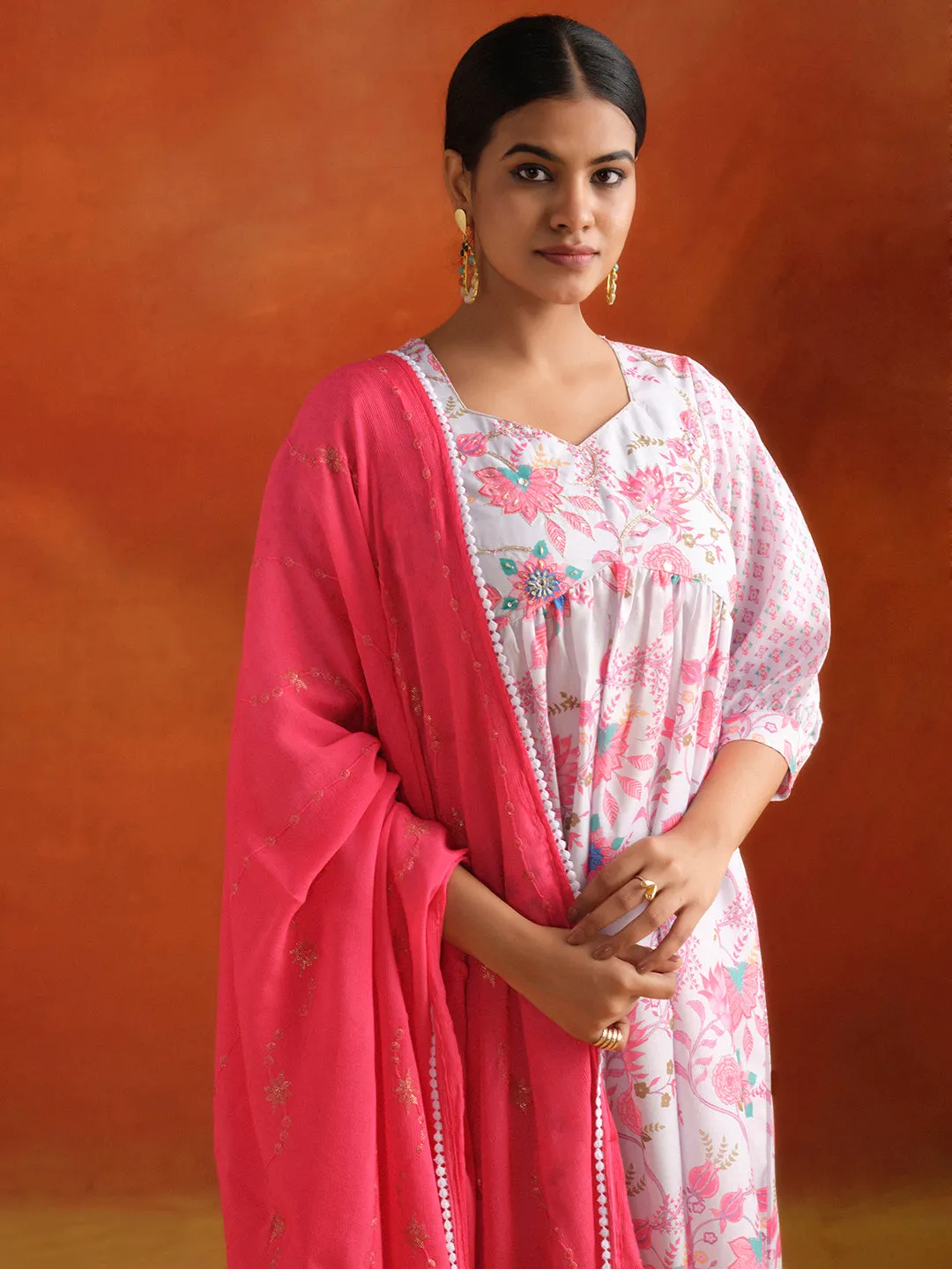 Grey Floral Printed Embroidered Kurta Set With Dupatta