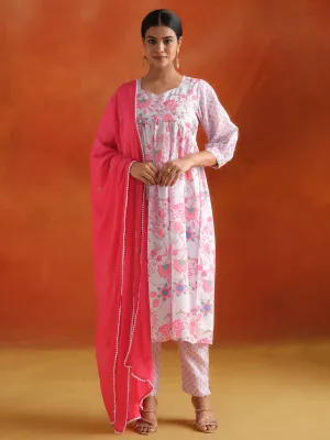 Grey Floral Printed Embroidered Kurta Set With Dupatta