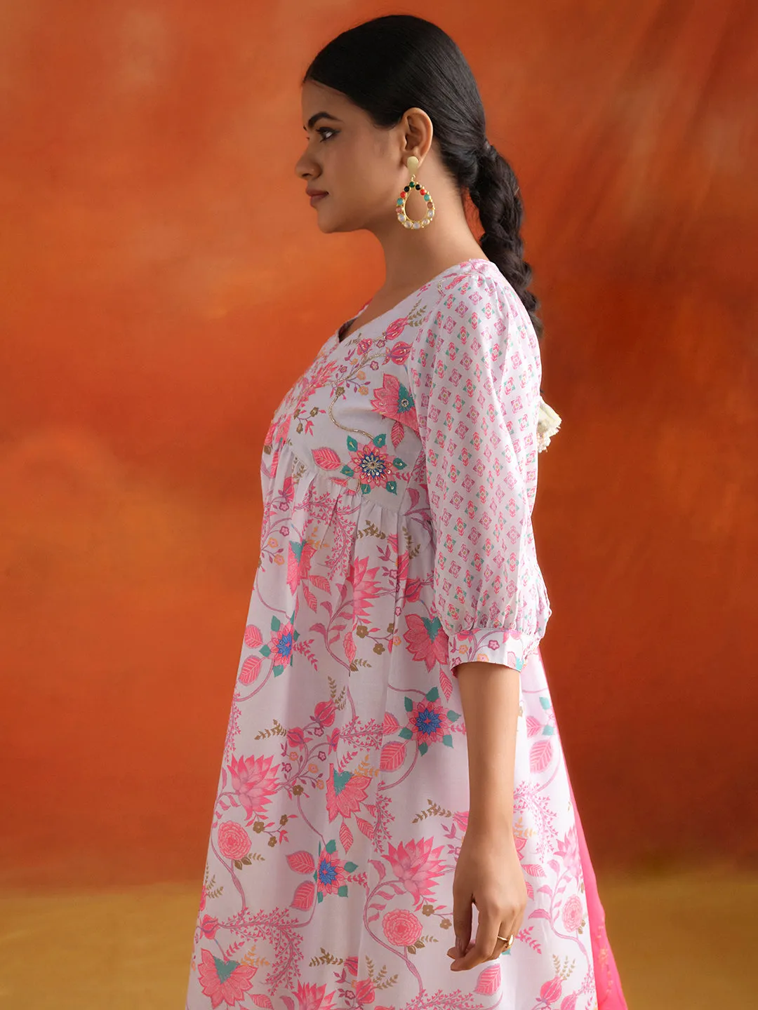 Grey Floral Printed Embroidered Kurta Set With Dupatta