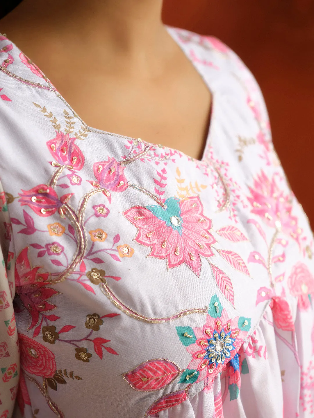 Grey Floral Printed Embroidered Kurta Set With Dupatta