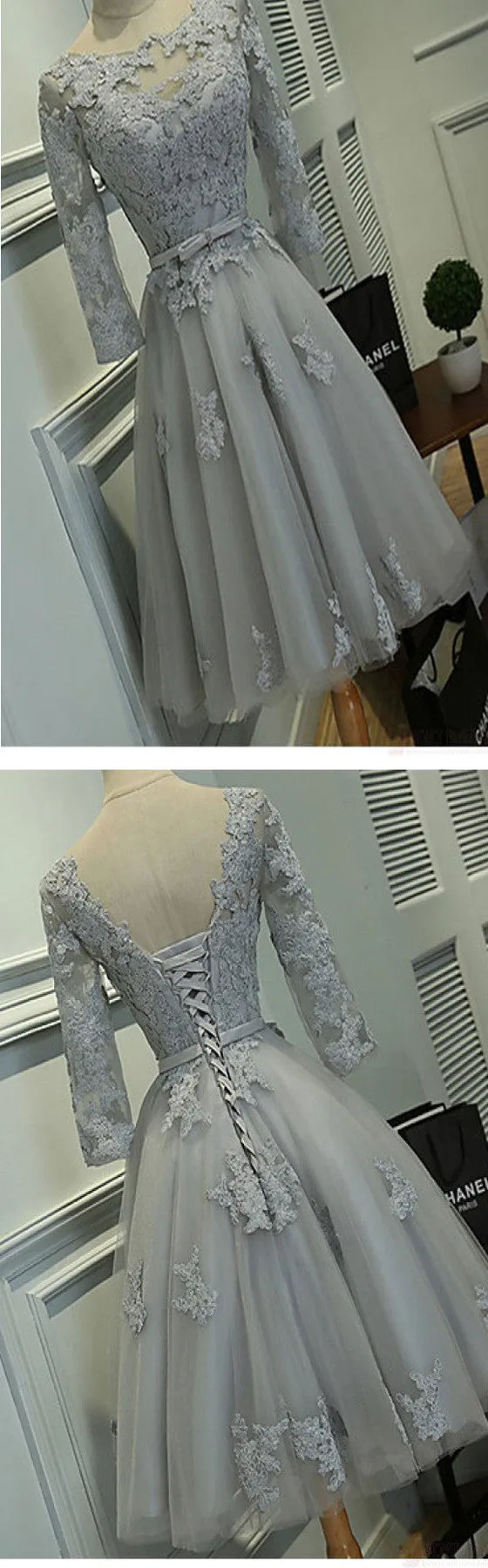 Grey Half Sleeves Graduation Lace Homecoming Dresses, BG51460
