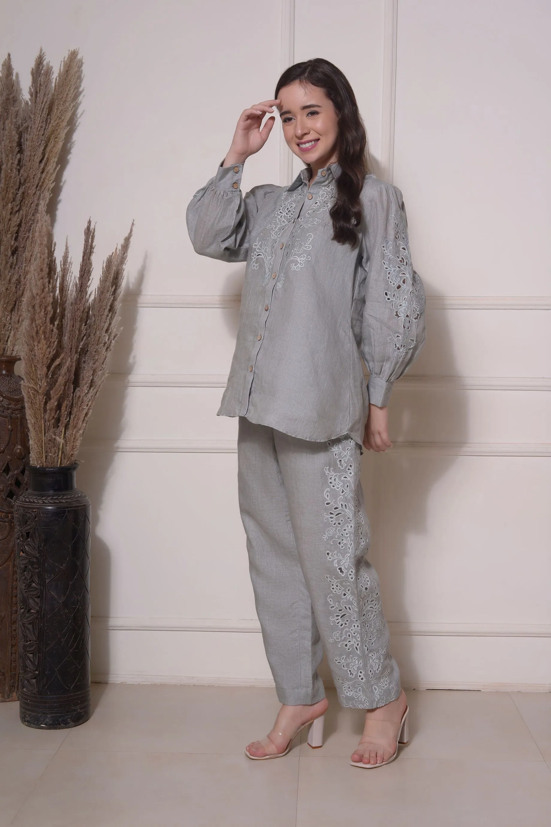 GREY LINEN CUTWORK COORD SET