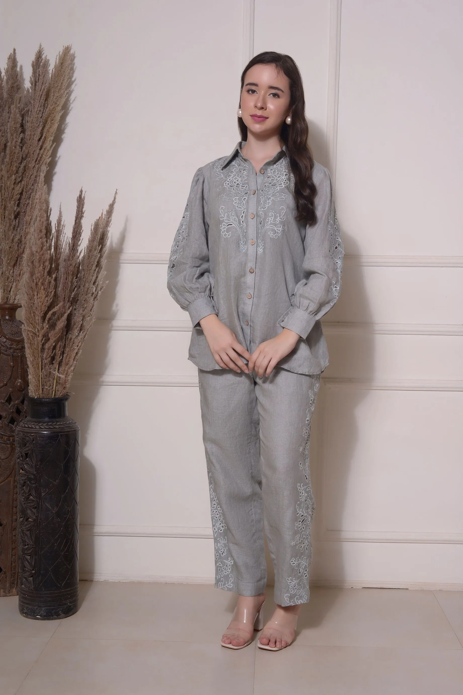 GREY LINEN CUTWORK COORD SET