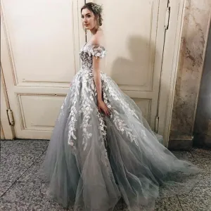 Grey Tulle Lace Prom Dresses, Off Shoulder A-line Prom Dresses, Lovely Prom Dresses, Popular Prom Dresses, PD0437