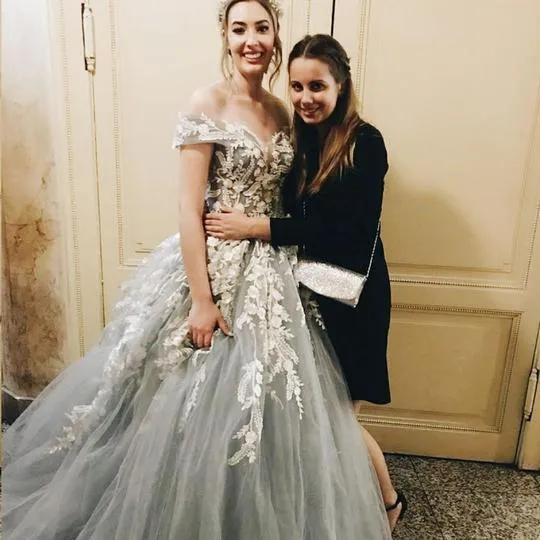 Grey Tulle Lace Prom Dresses, Off Shoulder A-line Prom Dresses, Lovely Prom Dresses, Popular Prom Dresses, PD0437