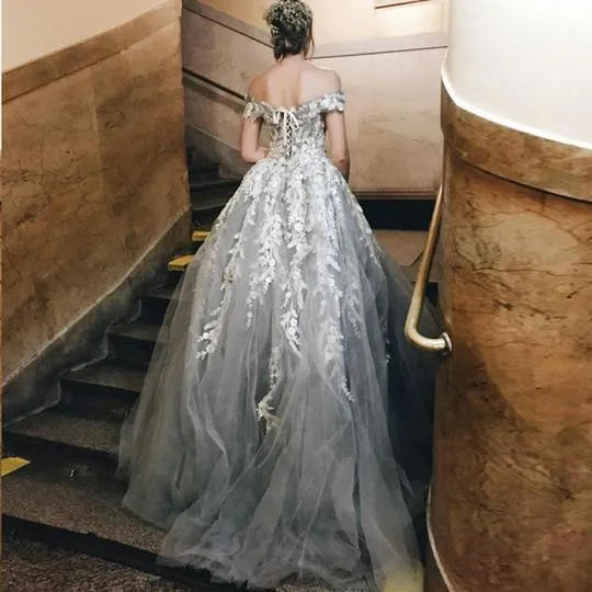 Grey Tulle Lace Prom Dresses, Off Shoulder A-line Prom Dresses, Lovely Prom Dresses, Popular Prom Dresses, PD0437