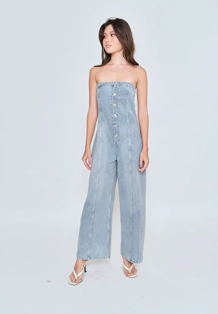 Gypsy Light Blue Denim Buttons Up Straight Cut Tube Jumpsuit