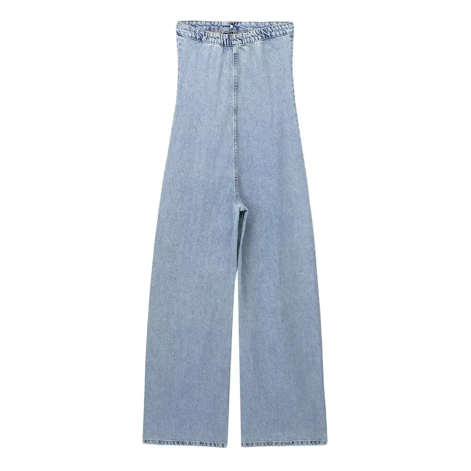 Gypsy Light Blue Denim Buttons Up Straight Cut Tube Jumpsuit