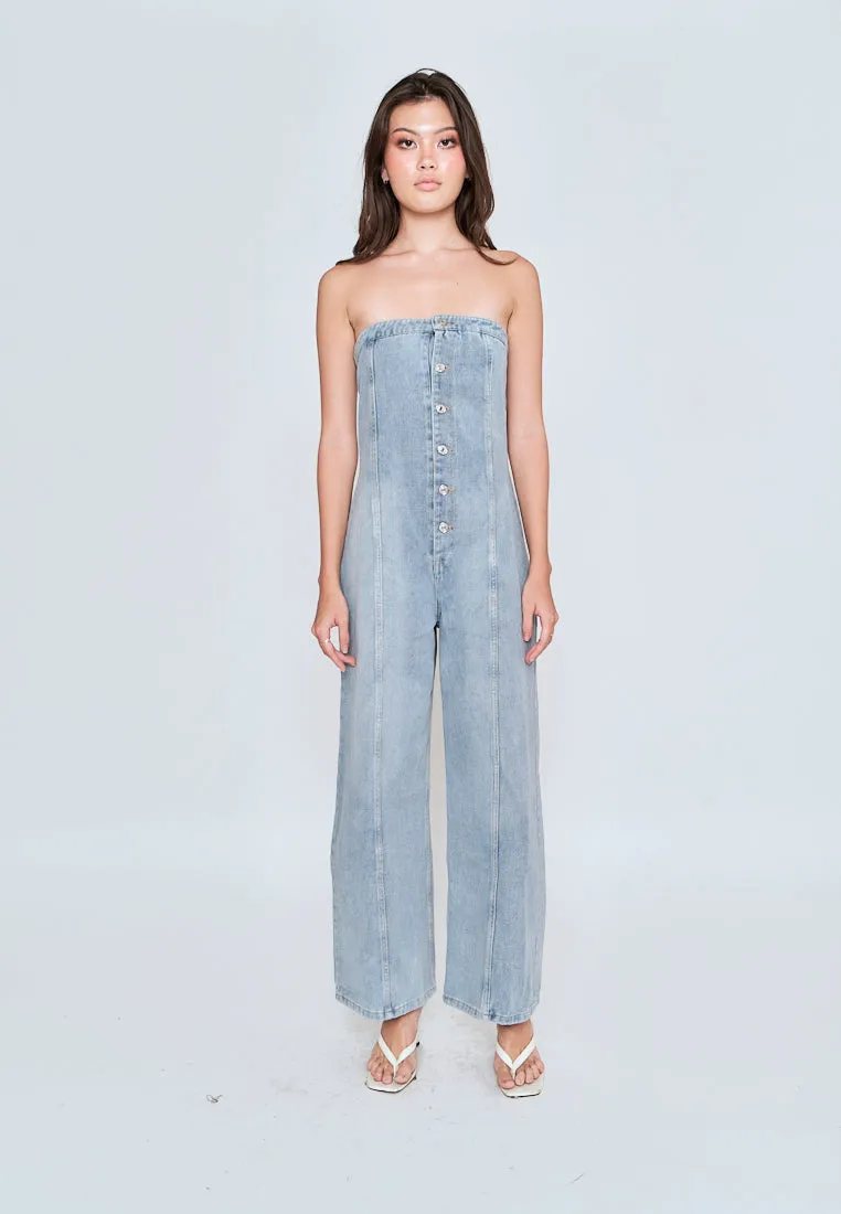 Gypsy Light Blue Denim Buttons Up Straight Cut Tube Jumpsuit