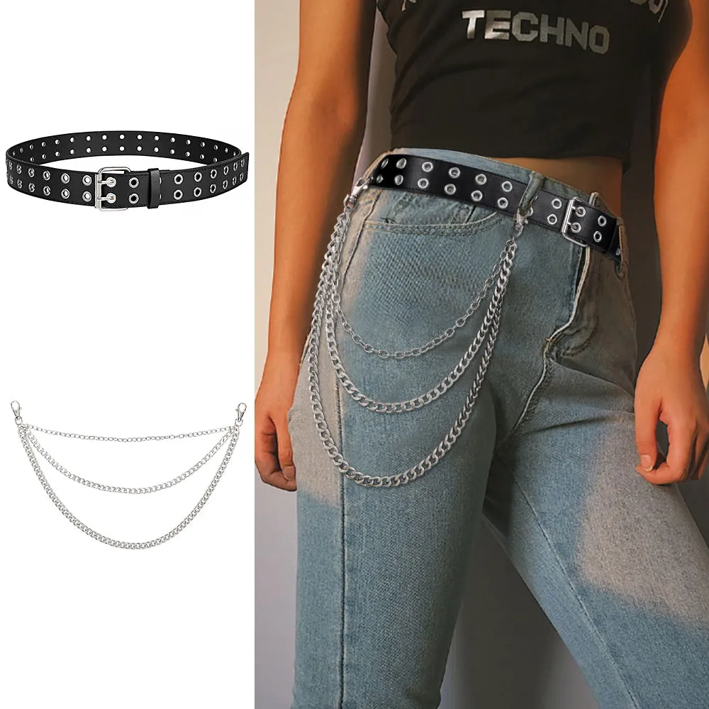 Halloween Double Grommet Belt for Women Men -JASGOOD PU Leather Double Prong Buckle Vintage Punk Rock Jeans Belts